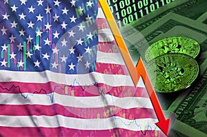 United States of America flag and cryptocurrency falling trend with two bitcoins on dollar bills and binary code display