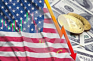 United States of America flag and cryptocurrency falling trend with two bitcoins on dollar bills