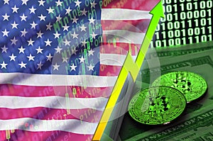 United States of America flag and cryptocurrency growing trend with two bitcoins on dollar bills and binary code display