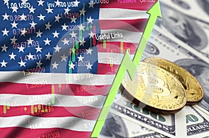 United States of America flag and cryptocurrency growing trend with two bitcoins on dollar bills