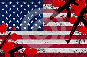 United States of America flag and guns in red blood. Concept for terror attack and military operations