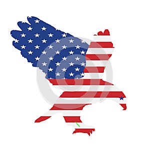 United States of America flag over Bald eagle flying vector illustration isolated on white background. Eagle soaring.