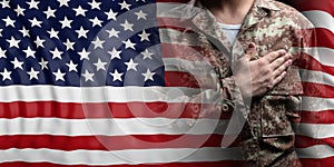 United States of America flag and soldier with hand on his heart. 3d illustration