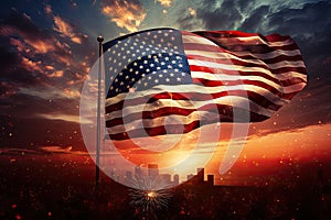 United States of America flag waving in the sunset with cityscape and fireworks, American Celebration Usa Flag And Fireworks At