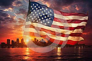 United States of America flag waving in the wind over Manhattan skyline at sunset, American Celebration Usa Flag And Fireworks At