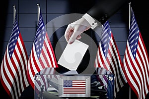 United States of America flags, hand dropping ballot card into a box - voting, election concept