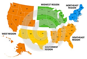 United States of America, geographic regions, colored political map