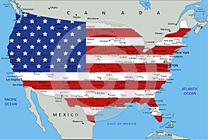 United States of America highly detailed political map with national flag.
