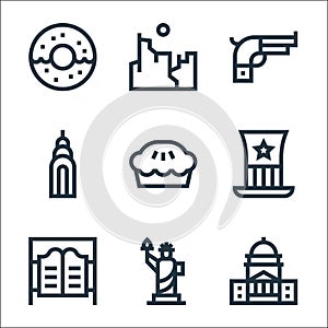 united states of america line icons. linear set. quality vector line set such as capitol, statue of liberty, saloon, usa, apple