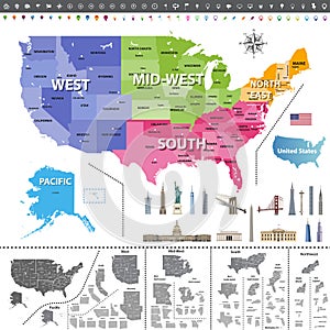 United States of America map colored by regions.