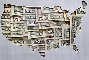 United States of America map formed with american dollars bills and gray background