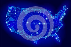 United States of America map low poly style. Connected dots communication mesh wire point line dark blue night abstract background