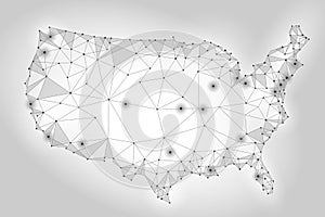 United States of America map low poly style. Connected dots communication mesh wire point line white gray abstract background vect