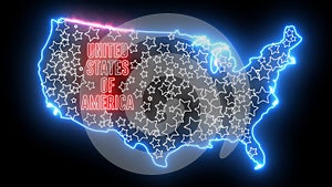 United States of America map with neon glowing light. Creative animation of America, shiny outline USA map