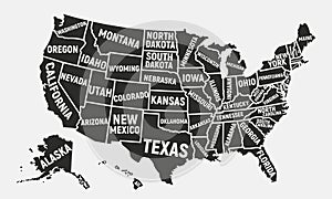 United States of America map. Poster map of USA with state names. American background. Vector illustration