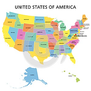 United States of America, multi colored political map