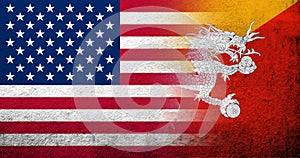 United States of America national flag with Kingdom of Bhutan National flag. Grunge background