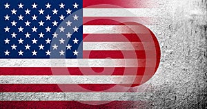 United States of America national flag with National flag of Japan. Grunge background