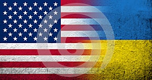 United States of America national flag with National flag of Ukraine. Grunge background