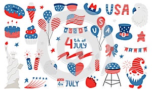 United states of America national symbols for independence day. 4th of July clipart. Balloons, american flag, gnome
