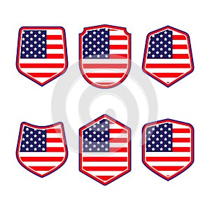 UNITED STATES OF AMERICA shield. Set of patriotic symbols. Red White and Blue shields in american flag style.Vector illustration.