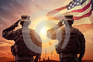 United States of America soldier saluting with USA flag on sunset background, USA army soldiers saluting on a background of sunset
