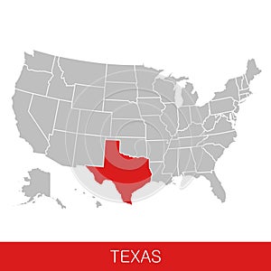 United States of America with the State of Texas selected. Map of the USA