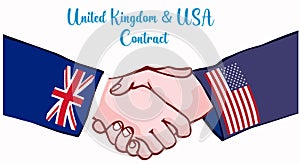 United States of America and United kingdom flags hands shaking hands. USA and England, great Britain, UK. handshake contact. Hand