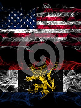 United States of America, America, US, USA, American vs Benelux smoky mystic flags placed side by side. Thick colored silky