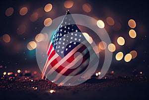 The United States of America USA flag with colorful shiny bokeh light background. Nation flag in the dark with illumination light