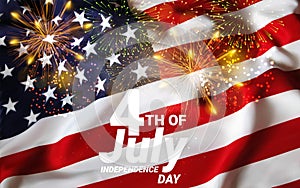 United States of America USA Flag with Fireworks Background For 4th of July. Celebrating Independence Day. Eps10 vector