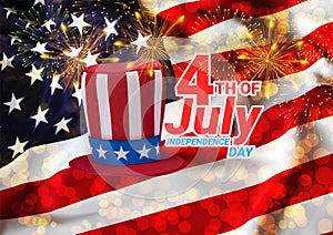 United States of America USA Flag with Fireworks Background For 4th of July. Celebrating Independence Day. Eps10 vector