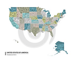 The United States of America USA higt detailed map with subdivisions. Administrative map of The United States of America USA