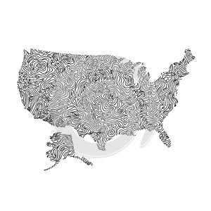 United States of America, USA map from black isolines or level line geographic topographic map grid. Vector illustration