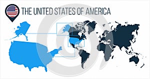 The United States of America USA map located on a world map with flag and map pointer or pin. Infographic map. Vector illustration