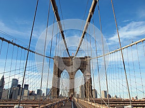 United States America USA New York Manhattan Skyline Brooklyn Bridge Flag Pedestrian walk ponte BrÃ¼cke