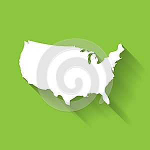 United States of America, USA, white map silhouette with gradient long shadow effect on green background