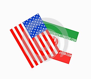 United States of American and the flag of Iran showing conflict and war