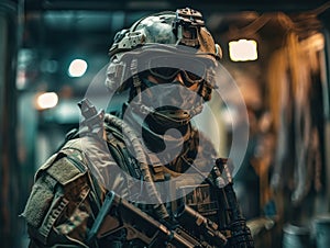 United States Army Special forces soldier in uniform and helmet with assault rifle Created with Generative AI technology