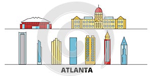 United States, Atlanta flat landmarks vector illustration. United States, Atlanta line city with famous travel sights