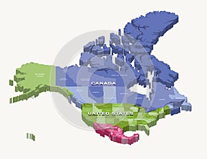 United States, Canada and Mexico 3d (isometric) colorful map with states borders and names