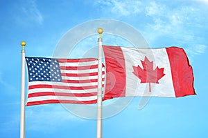 United States and Canada  two flags on flagpoles and blue cloudy sky