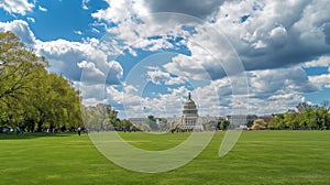 United States Capital building facade. View of the white building at summer cloudy day