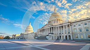 United States Capital building facade. View of the white building at summer cloudy day