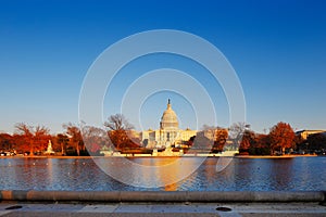 The United States Capitol behind the Capitol Reflecting Pool in Washington DC, USA