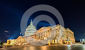 The United States Capitol Building at night in Washington, DC