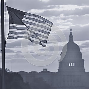 United States Capitol building silhouette at sunrise, Washington DC - Black and White