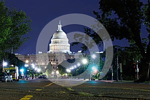 The United States Capitol building in Washington DC at night