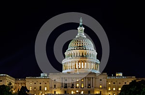 United States Capitol building in Washington DC at night on the background