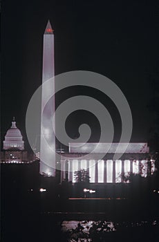 United States Capitol Building, Washington Monument and Lincoln Memorial at Night, Washington, D.C.